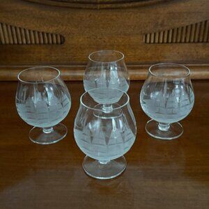 Set of 4 Brandy Cognac Snifter Glasses Clipper Ship Etched Design